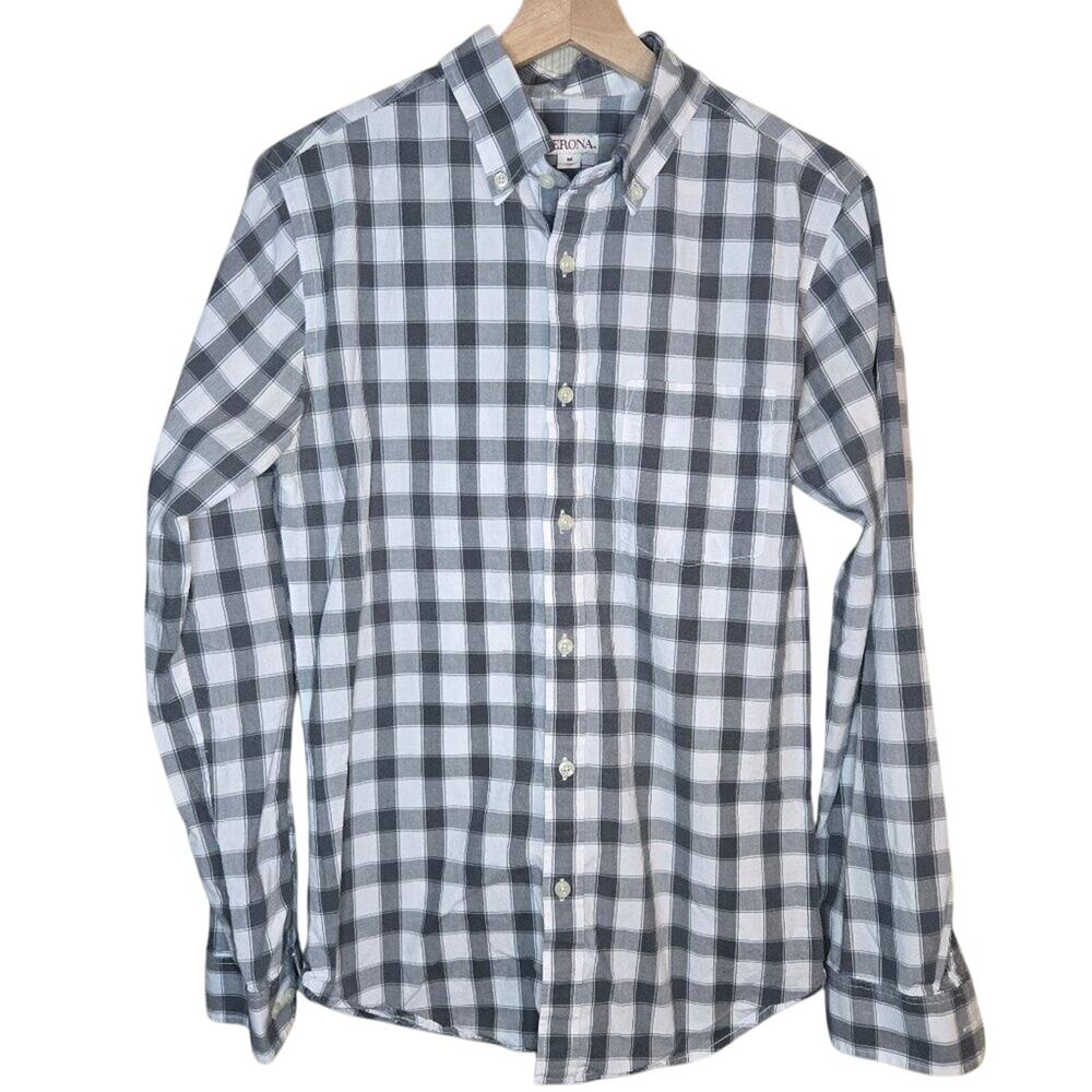 Merona Medium Men's Gray/White Gingham Check 100% Cotton Button-Down [0330]